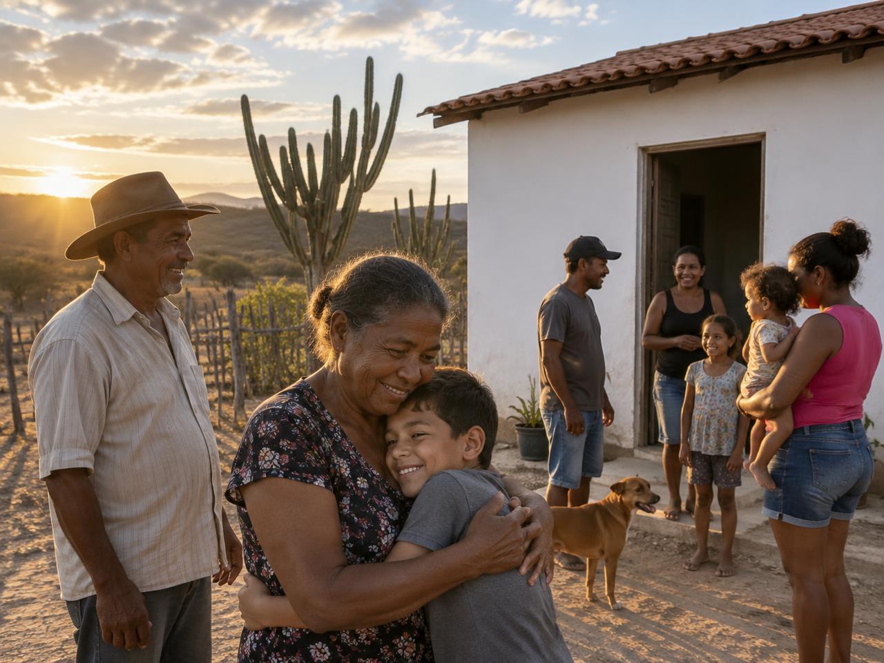 Famílias reunidas diante de uma casa no Sertão
